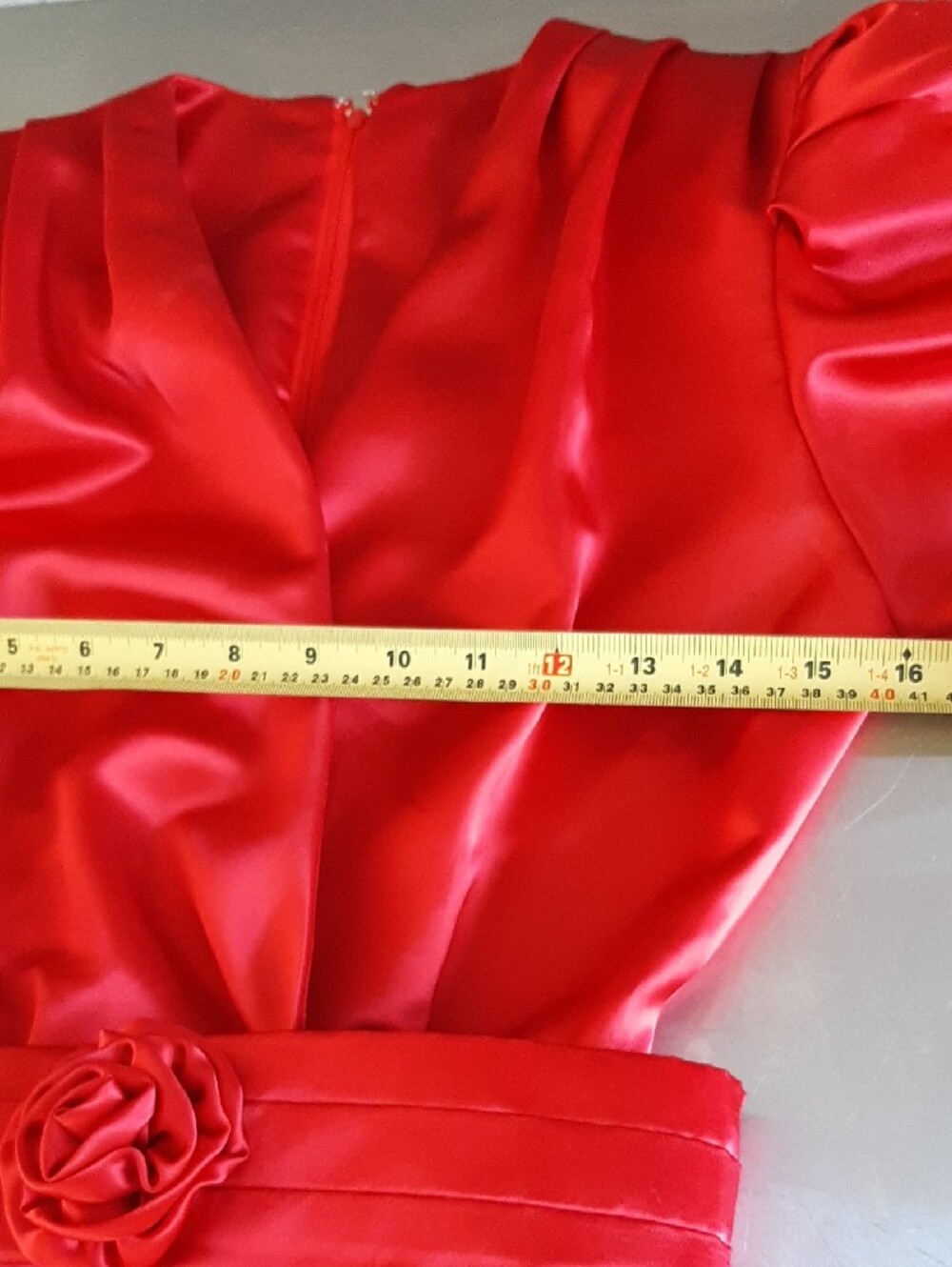 70's NU-MODE💋True Deep Red V‑Neck Midi Dress with Rosette Belt Back Zip Sz S - Picture 7 of 10